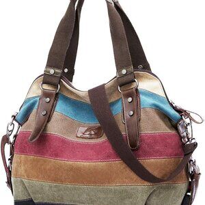 Canvas Handbag Multi-Color Striped Lattice Cross Body Shoulder Purse Bag Tote-Ha